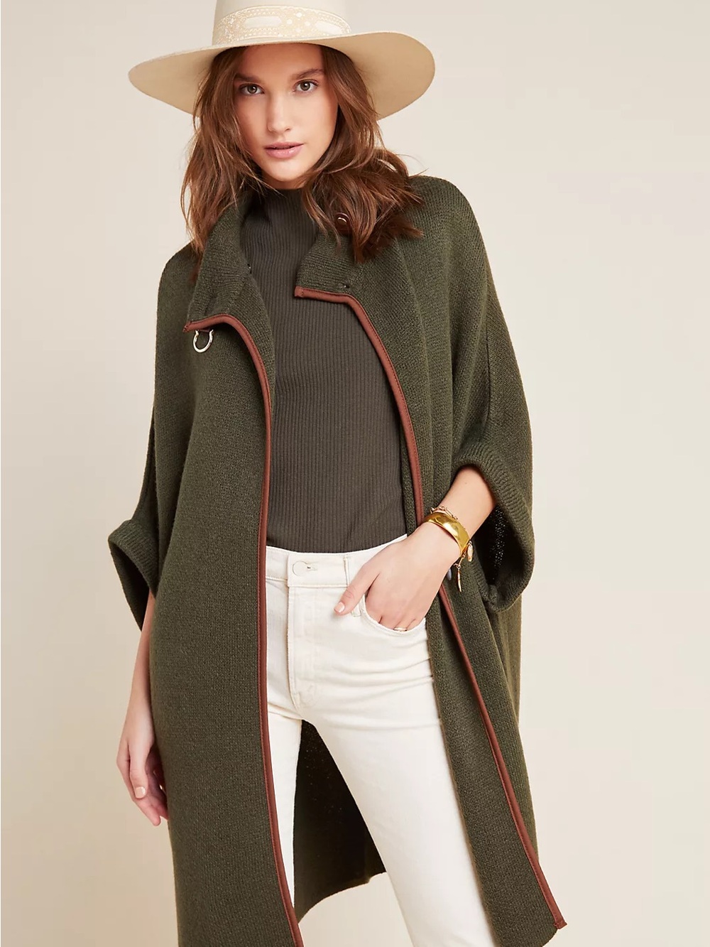 Olive Green Open-Front Knit Sweater Coat